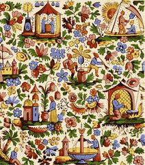 A vibrant, stylized pattern featuring scenes of everyday life interspersed with floral motifs, evoking a sense of traditional culture and whimsy.