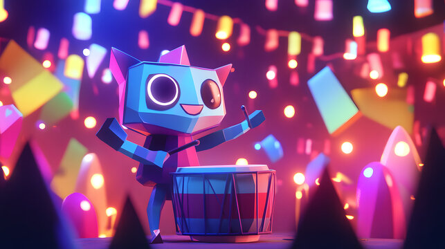 A cute monster  dot black eyes, and a cheerful smile playing cute model pastel colour  style  ,each monster play music ,drum, trampet ,guitar, Violin ,Flute,Saxophone,Trombone,Piano  pastel copyspace.