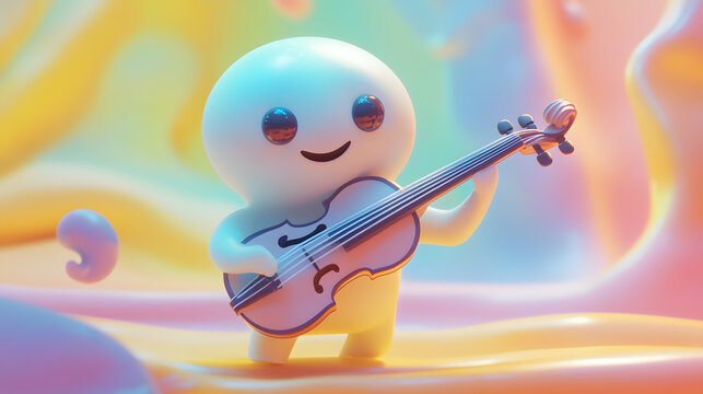 A cute monster  dot black eyes, and a cheerful smile playing cute model pastel colour  style  ,each monster play music ,drum, trampet ,guitar, Violin ,Flute,Saxophone,Trombone,Piano  pastel copyspace.