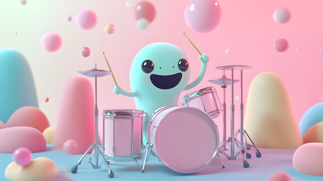 A cute monster  dot black eyes, and a cheerful smile playing cute model pastel colour  style  ,each monster play music ,drum, trampet ,guitar, Violin ,Flute,Saxophone,Trombone,Piano  pastel copyspace.