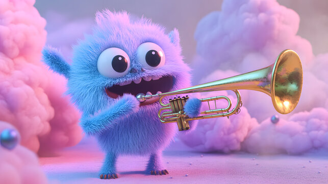 A cute monster  dot black eyes, and a cheerful smile playing cute model pastel colour  style  ,each monster play music ,drum, trampet ,guitar, Violin ,Flute,Saxophone,Trombone,Piano  pastel copyspace.
