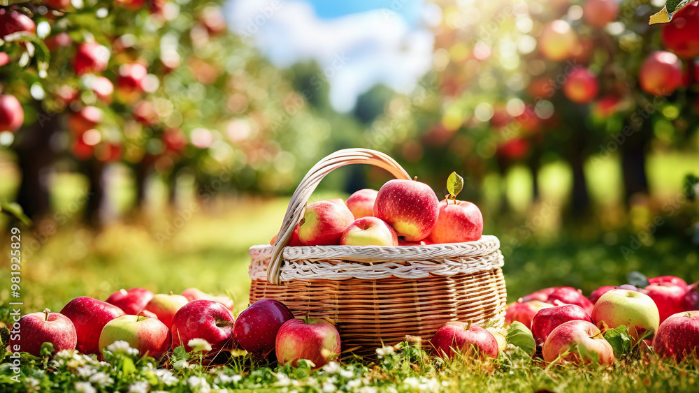 Wall mural Fresh red apples in a basket with apple trees in background, sunny day