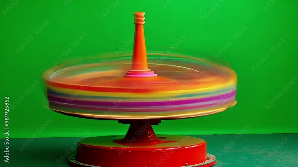 Poster colorful spinning top is rotating on a red base, creating a blur of motion with its bright colors ag