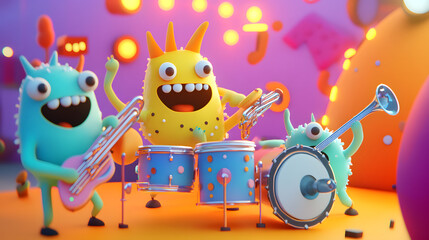 Fototapeta premium A cute monster dot black eyes, and a cheerful smile playing cute model pastel colour style ,each monster play music ,drum, trampet ,guitar, Violin ,Flute,Saxophone,Trombone,Piano pastel copyspace.