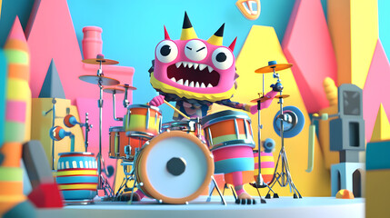 A cute monster  dot black eyes, and a cheerful smile playing cute model pastel colour  style  ,each monster play music ,drum, trampet ,guitar, Violin ,Flute,Saxophone,Trombone,Piano  pastel copyspace.
