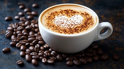 Coffee beans with a cappuccino cup on the table