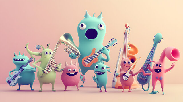 A cute monster  dot black eyes, and a cheerful smile playing cute model pastel colour  style  ,each monster play music ,drum, trampet ,guitar, Violin ,Flute,Saxophone,Trombone,Piano  pastel copyspace.