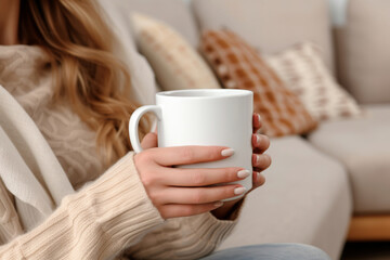 Woman holding a white mug with both hands, dressed in a beige sweater. Cozy living room background with pillows, concept of relaxation and comfort.