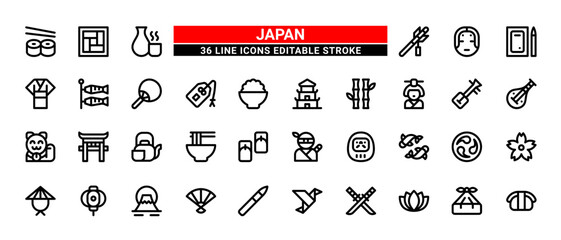 36 Japan Line Icons Set Pack Editable Stroke Vector Illustration. © nokdian