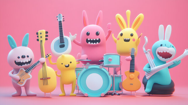 A cute monster  dot black eyes, and a cheerful smile playing cute model pastel colour  style  ,each monster play music ,drum, trampet ,guitar, Violin ,Flute,Saxophone,Trombone,Piano  pastel copyspace.