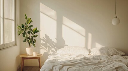 A minimalist living space with just a bed, a small table, and a single plant, emphasizing simplicity and the essentials in minimalist life.