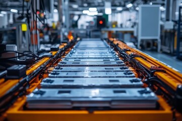 Close-up of a battery assembly line in a modern factory.