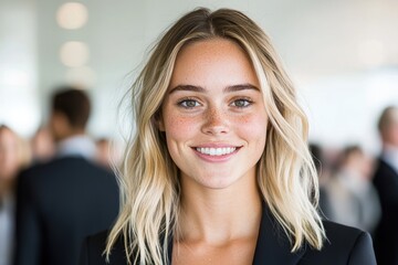Fototapeta premium Smiling woman with blonde hair and freckles