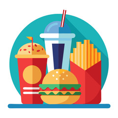 Vector illustration of unhealthy junk food and soda showing processed snacks, sugary drinks, and fast food items for unhealthy diet