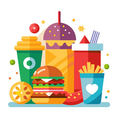 Fast food and sugary soft drinks vector design showing unhealthy junk food, processed snacks, and beverages for poor lifestyle