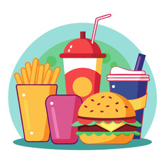 Fast food and soft drink vector illustration depicting unhealthy junk food, sugary drinks, and processed snacks for diet concept