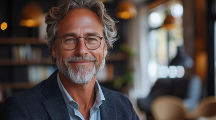 Fototapeta premium Smiling mature man wearing glasses in a cafe.