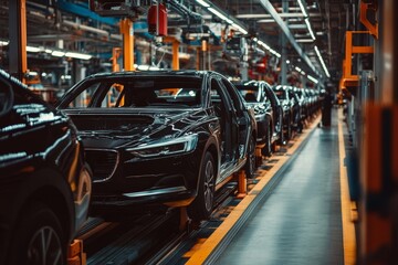 Black cars on a production line in a modern factory.