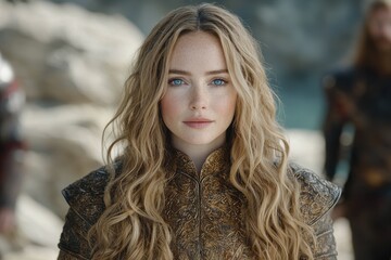Fototapeta premium Captivating blonde woman with blue eyes and natural curls