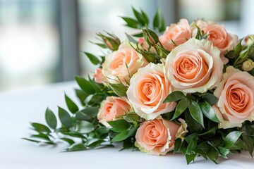 Elegant bouquet of pink roses and greenery