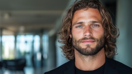 Naklejka premium Handsome man with long curly hair and beard
