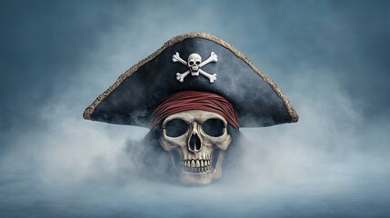 A dramatic pirate skull wearing a hat with a skull and crossbones, emerging from fog, evoking themes of adventure and mystery.