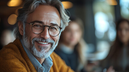 Fototapeta premium Smiling mature man with gray hair and beard wearing glasses.