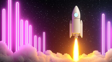 Rocket Launching Through Neon Clouds with Stars in Background