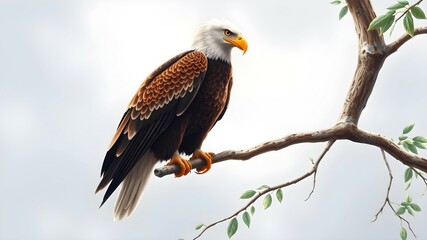 Obraz premium Eagle sits on a branch on sky background. Symbol of bald eagle 