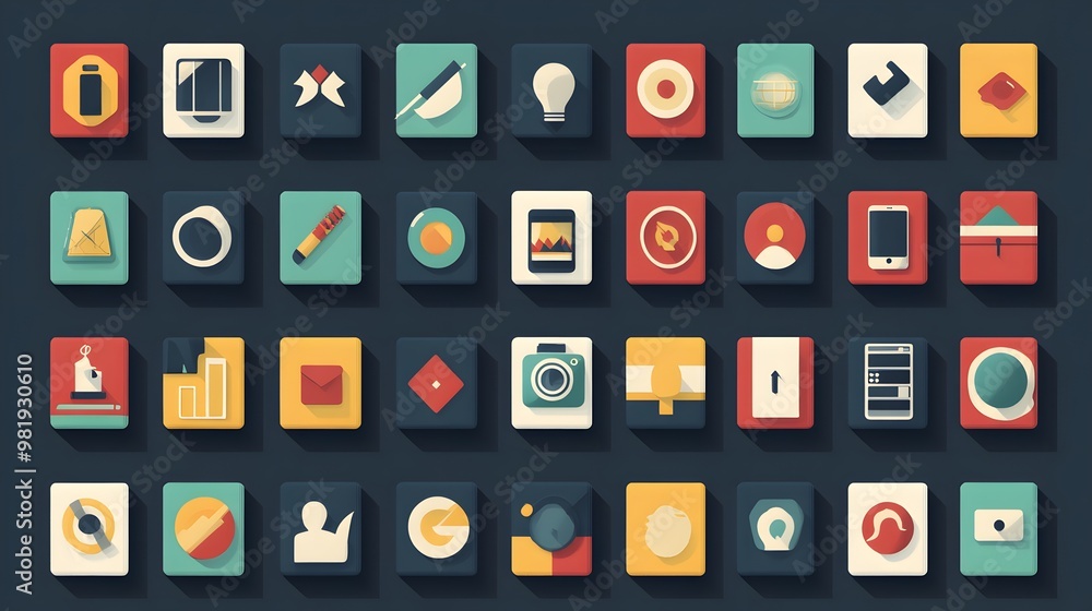 Poster a modern flat design icon set with subtle long shadows, creating depth without breaking the 2d aesth