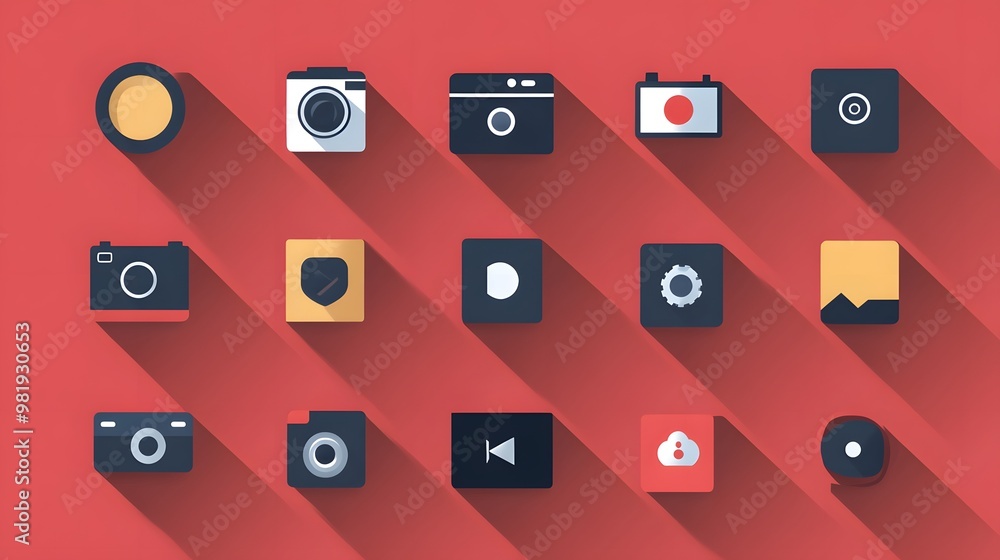 Poster a modern flat design icon set with subtle long shadows, creating depth without breaking the 2d aesth