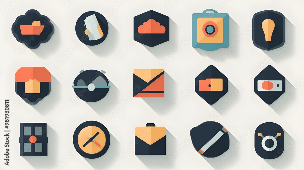 Poster a modern flat design icon set with subtle long shadows, creating depth without breaking the 2d aesth
