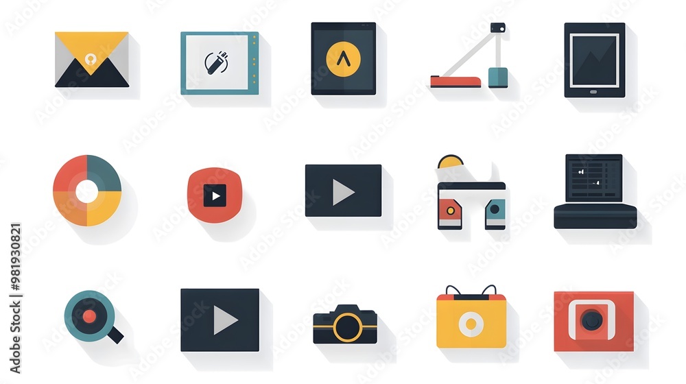 Poster a series of flat design icons, each featuring simple geometric shapes and clean lines, representing 