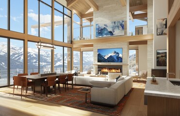 Modern living room interior design with wooden floor, white sofa set, paintings on wall, table, chairs and glass wall with the view of snow covered mountains. Created with Ai