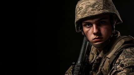 Fototapeta premium Portrait of a military young man in uniform with a machine gun. Black background. Copy space