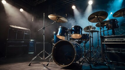 Vibrant Drum Kit Set up on Stage Surrounded by Dynamic Lighting During a Live Music Performance