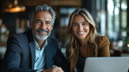 Smiling man and woman working together on a laptop.