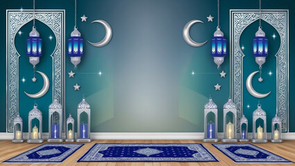 An elegant Ramadan scene featuring lanterns, crescent moons, stars, and ornate prayer rugs, creating a serene and spiritual atmosphere with Islamic architectural elements.