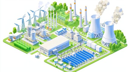 Industrial Power Plant with Wind Turbines and Cooling Towers Isometric Illustration