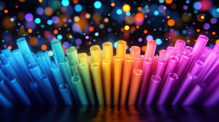 3D render of colorful, spiky plastic tubes on a black background with bokeh lights and a rainbow color gradient