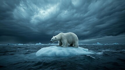 Polar bear on small, melting ice floe with dark clouds, highlighting the effects of climate change