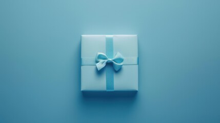 Top view of a personalized gift box, clean blue background, custom name tag, unique and special.
