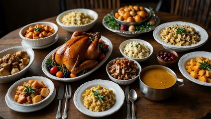 Thanksgiving feast with roasted turkey and sides.