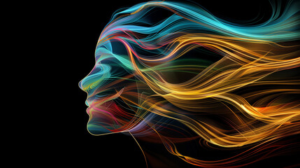 Fototapeta premium Vibrant abstract face with flowing multicolored lines representing imagination and human expression