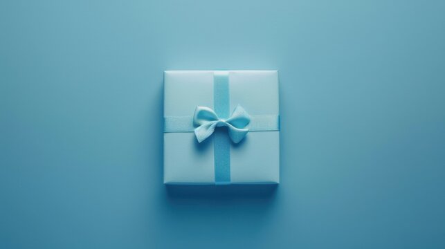 Top view of a personalized gift box, clean blue background, custom name tag, unique and special.