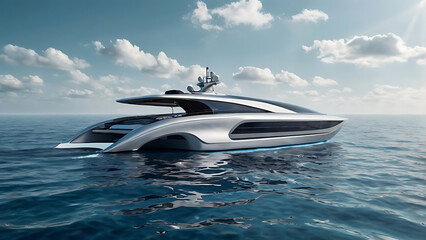 A futuristic solar-powered yacht cruising through ocean waters, symbolizing innovation in renewable energy and luxury travel with copy space, concept of futuristic water way travel
