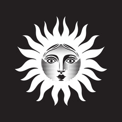 The Sun with a Face of a Woman in a engraving style
