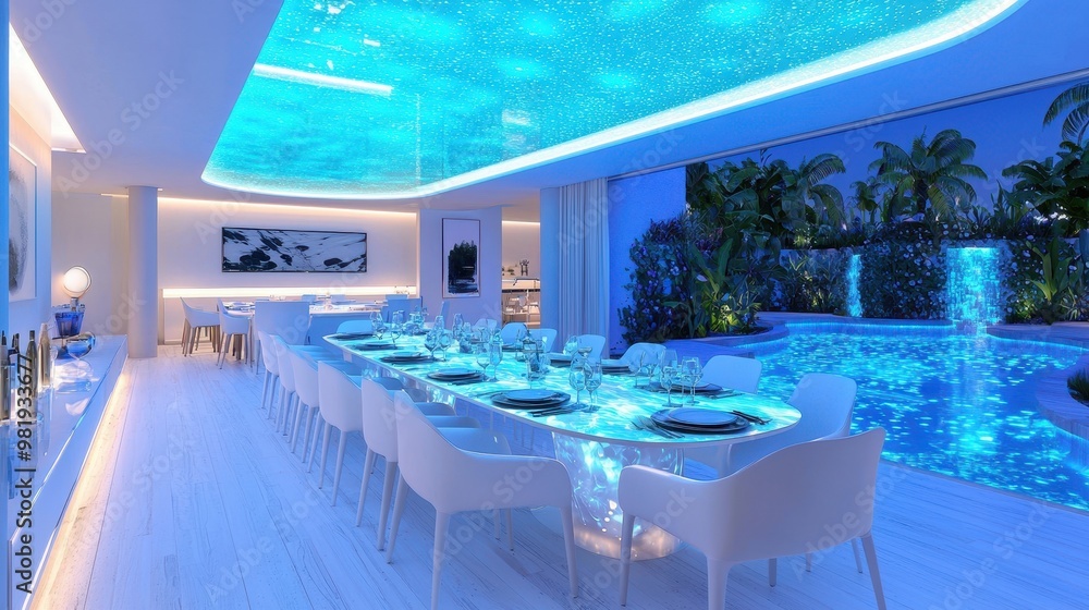 Poster modern dining room with pool view and illuminated ceiling