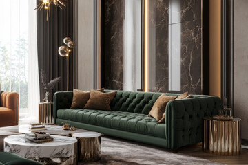  Rich Textures Luxury Living Room with Deep Green Velvet Seating