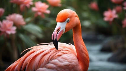 Fototapeta premium A Vibrant Flamingo Stands Gracefully Among Pink Water Lilies in a Tranquil Garden Setting at Midday